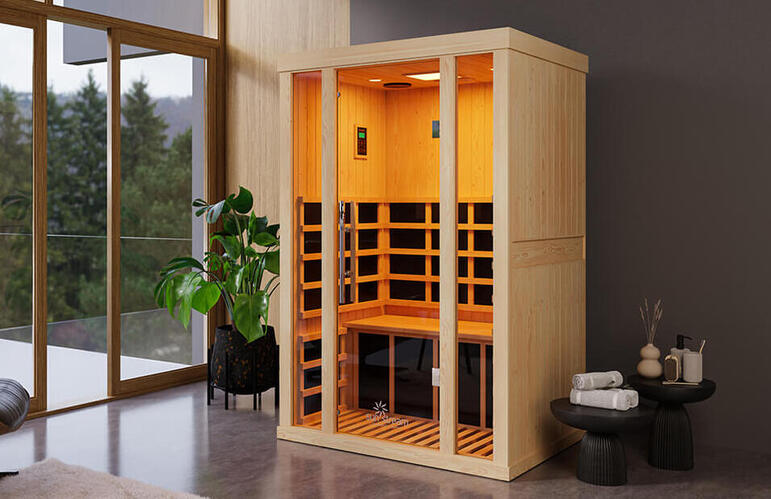 Sun Stream Ascend 2 person infrared sauna installed in a modern home, featuring ultra-low EMF heaters and premium Canadian Hemlock.