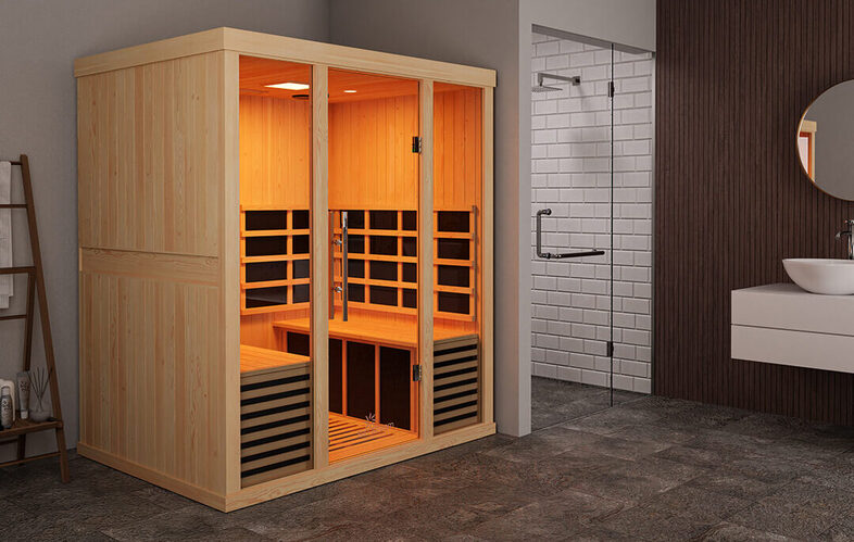 Sun Stream Ascend 4 person infrared sauna positioned in a modern home wellness room, offering ultra-low EMF heating and spacious comfort.