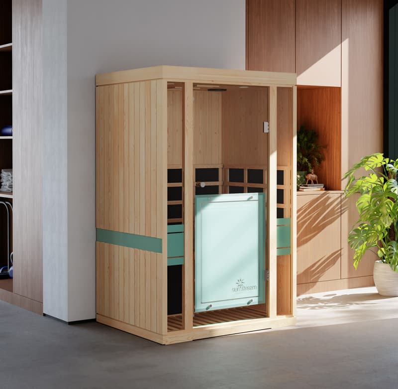 Close-up of Sun Stream infrared sauna interior with 360-degree infrared heat coverage for a deeper sweat.