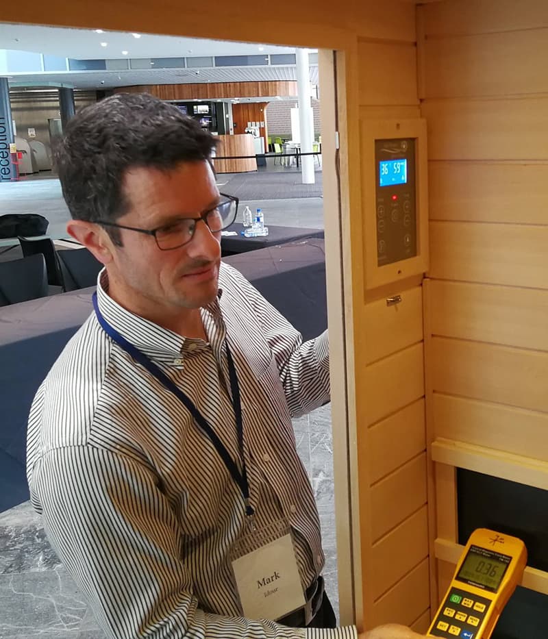 Sun Stream infrared sauna being tested for ultra-low EMF to guarantee a safe, healthy sauna experience.