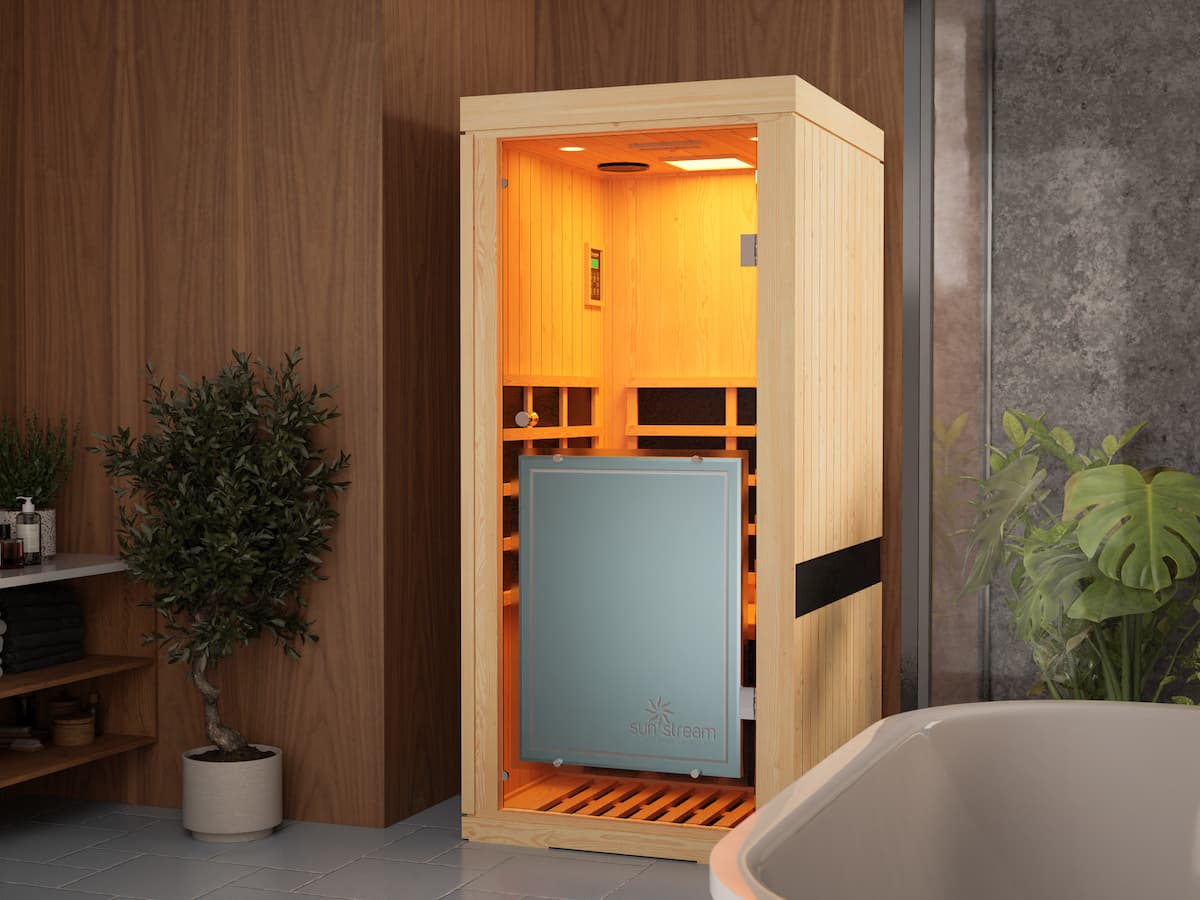 Sun Stream Evolve 10 one person infrared sauna showing full surround heating panels in NZ home