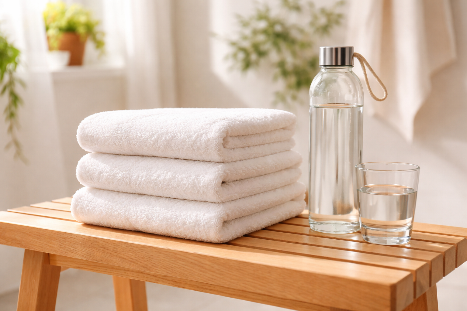 Stack of towels and glass water bottle, set up as someone prepares for their infrared sauna session